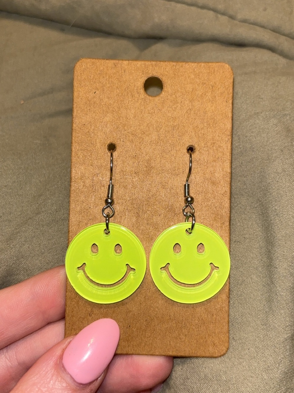 Neon Lime Smiley Face Dangle Earrings